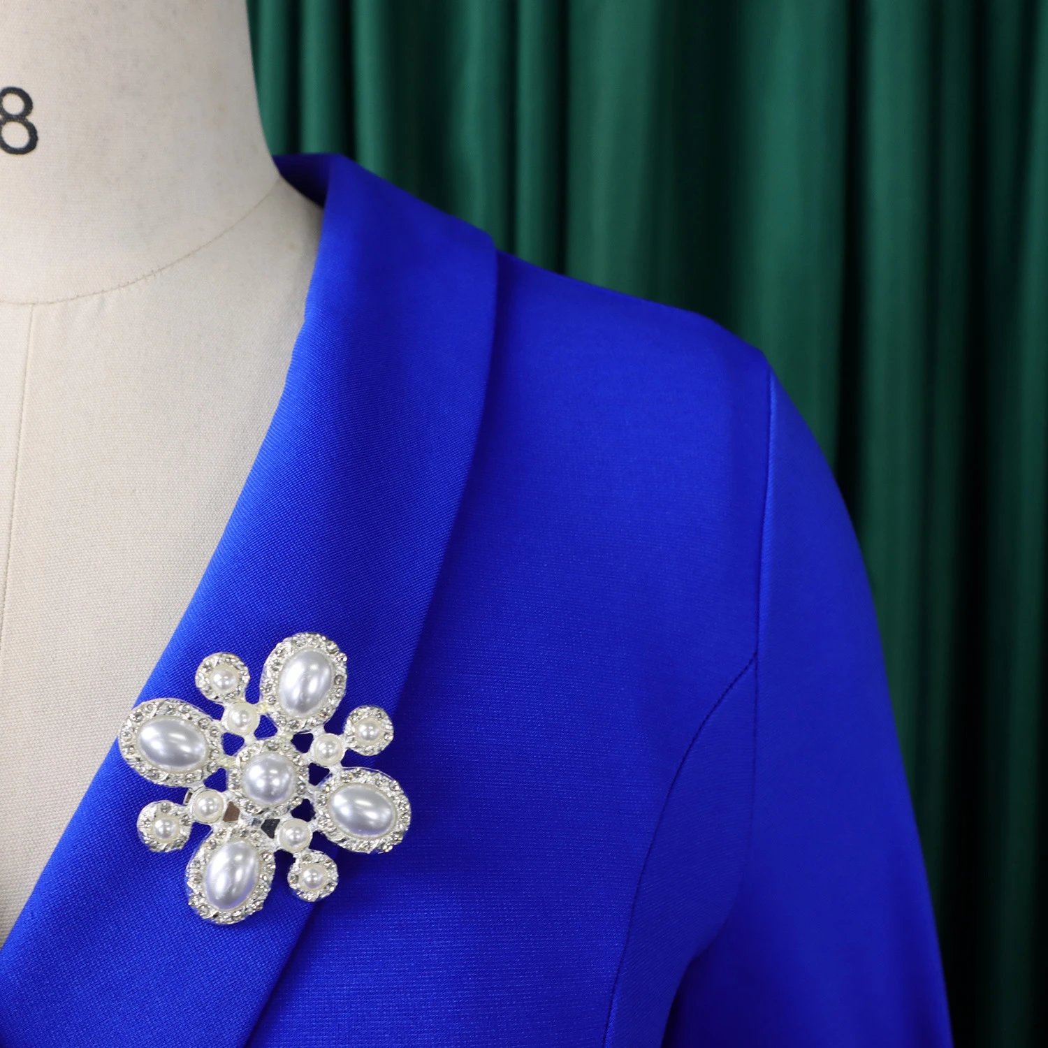 Design Wrap Front Midi Dress with Pearl Brooch in Navy - 37