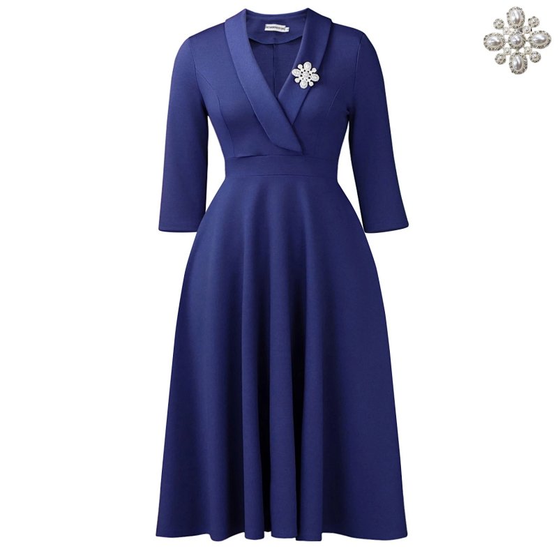 Wrap Front Midi Dress with Pearl Brooch in Navy