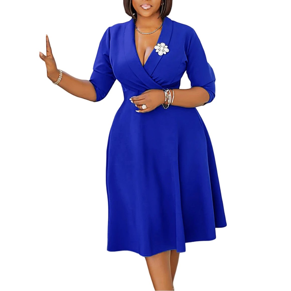 Design Wrap Front Midi Dress with Pearl Brooch in Navy - 66