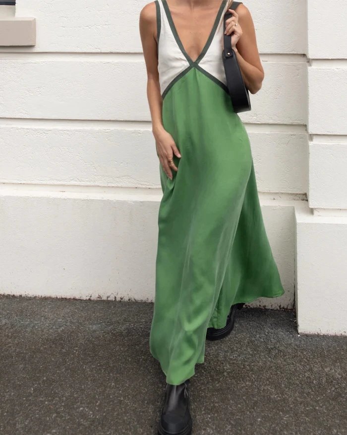 Design Color-Block V-Neck Maxi Dress Green - 19