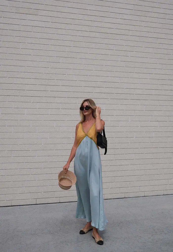 Design Color-Block V-Neck Maxi Dress Green - 23