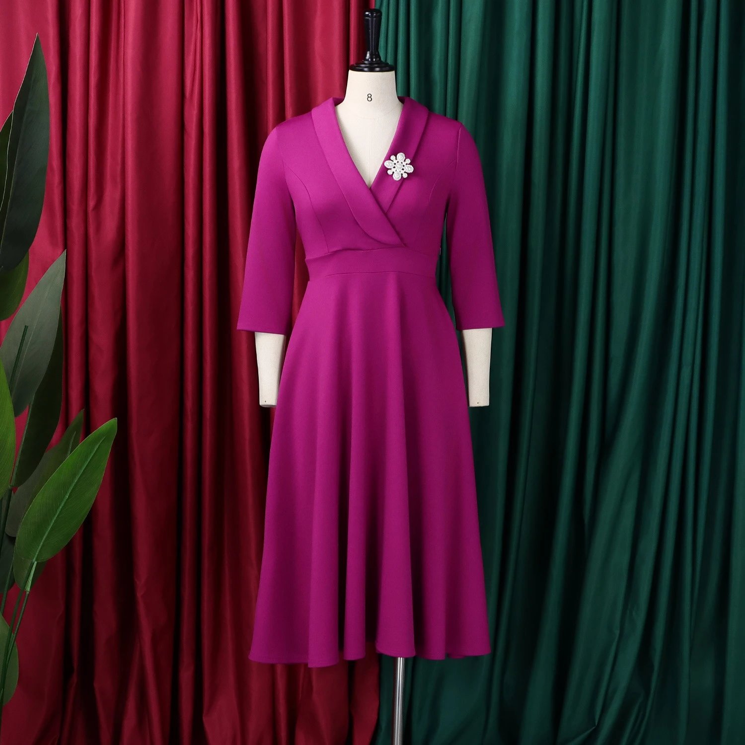 Design Wrap Front Midi Dress with Pearl Brooch in Navy - 15