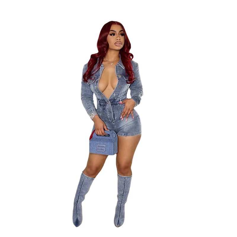 Design Denim Romper with Deep V-Neck and Belted Waist in Light Wash Blue Sets - 11