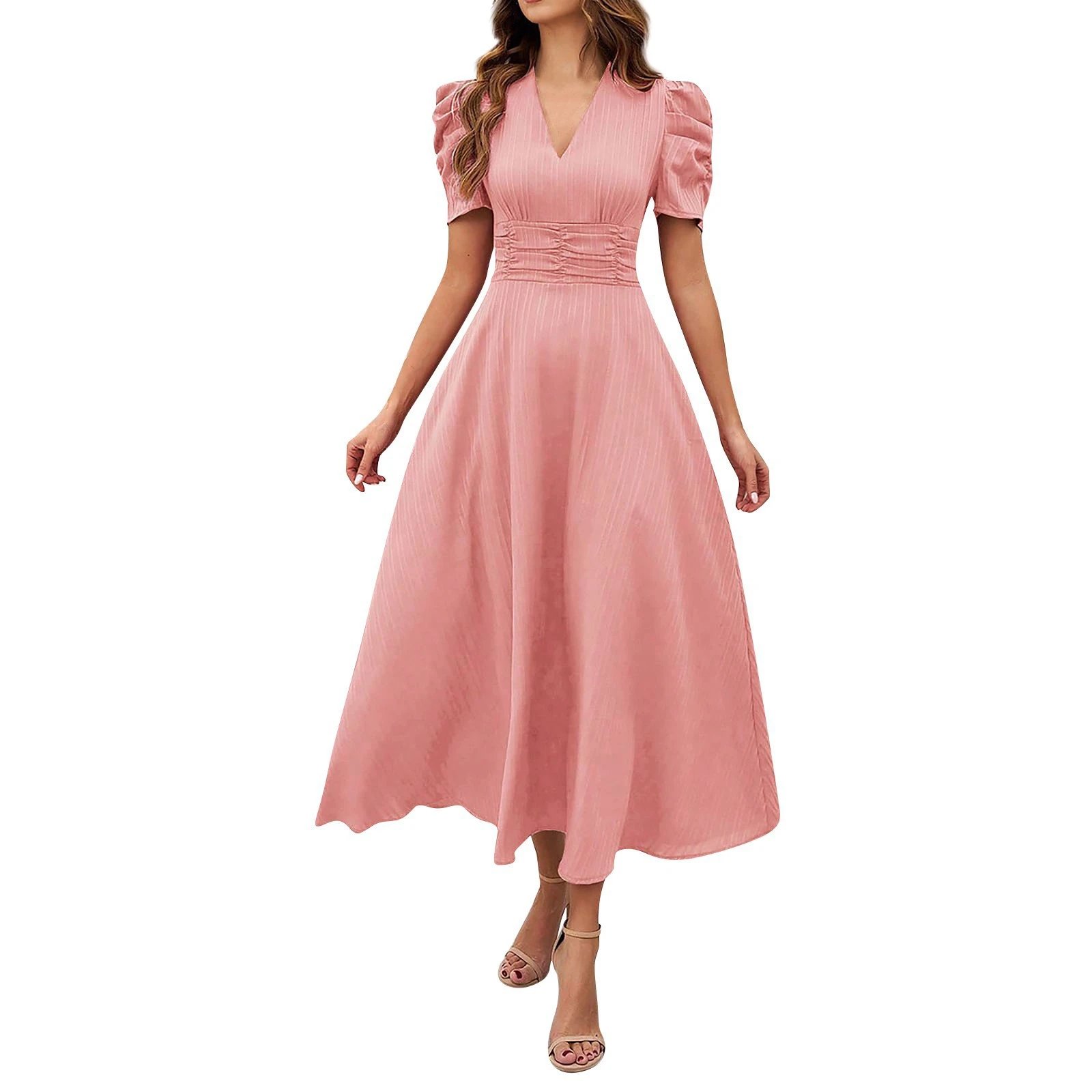 Design A-Line V-Neck Puff Sleeve Midi Dress in Light Blue - 4
