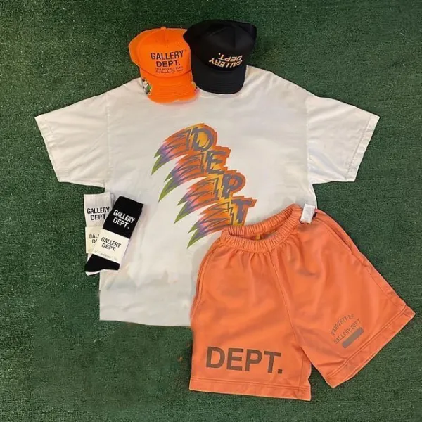 Gallery Dept Gallery Dept. Dept. Graphic Tee White + Orange Shorts + Caps Set Casual Set - 1