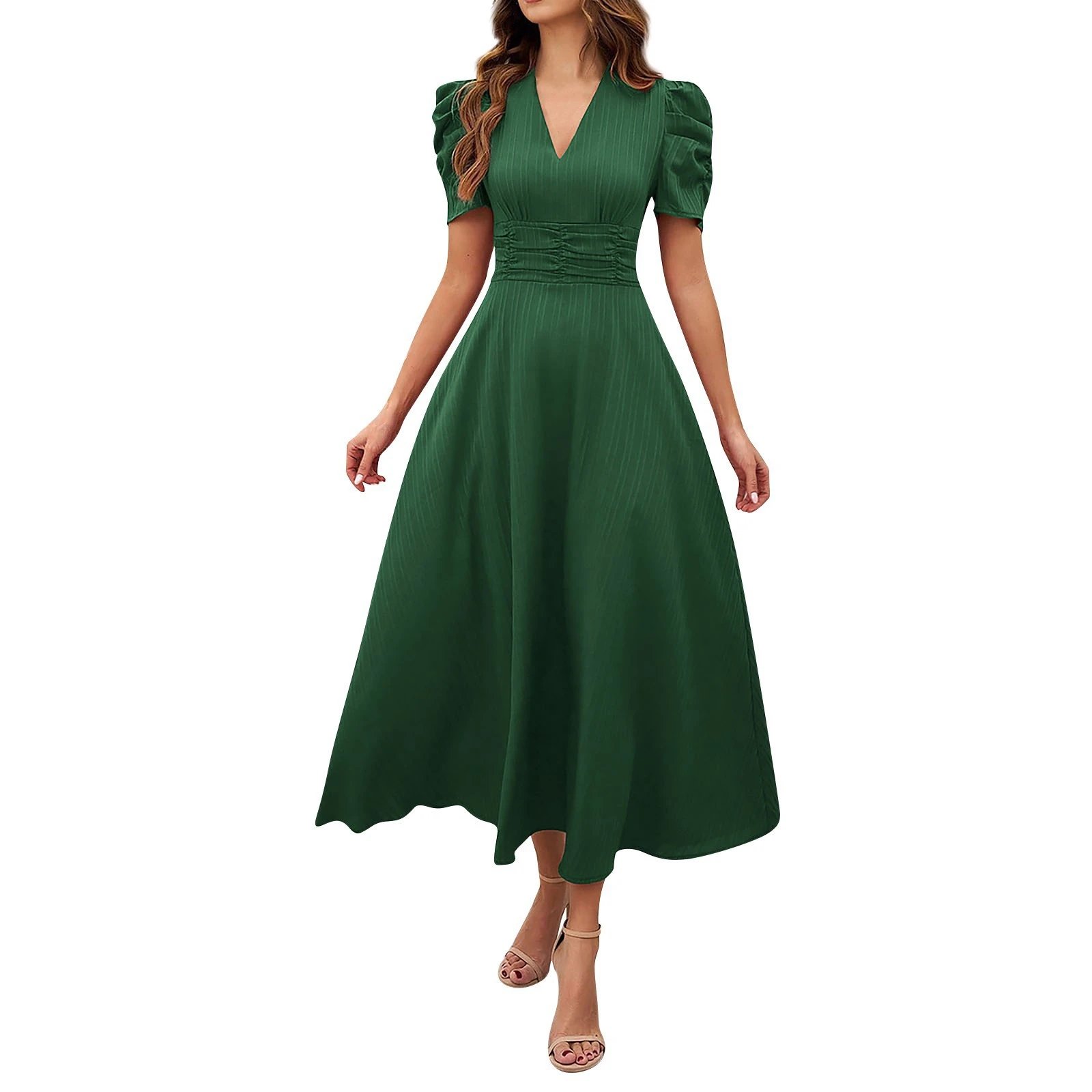 Design A-Line V-Neck Puff Sleeve Midi Dress in Light Blue - 11