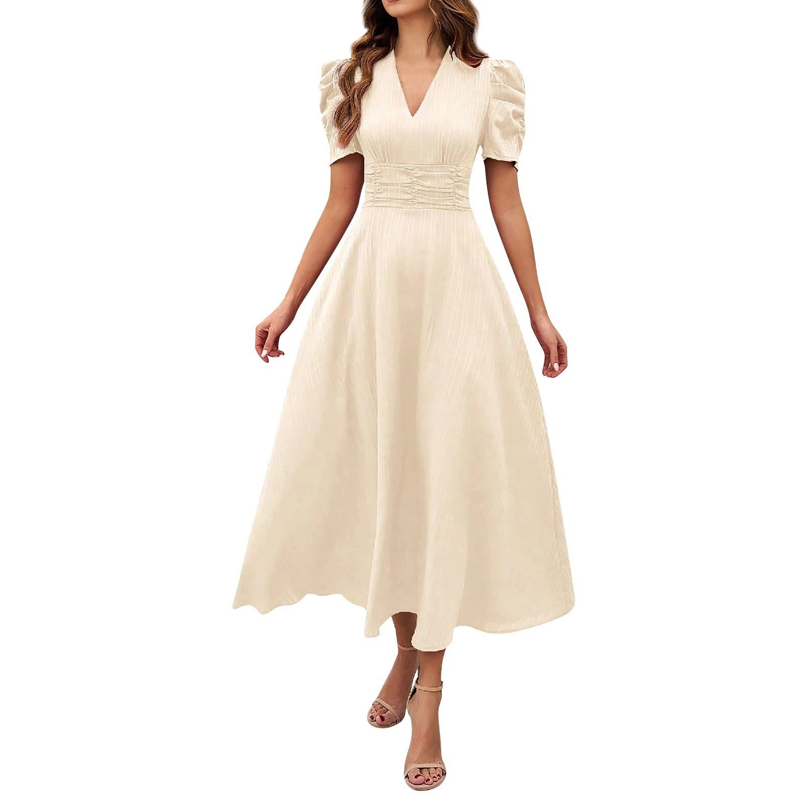 Design A-Line V-Neck Puff Sleeve Midi Dress in Light Blue - 10