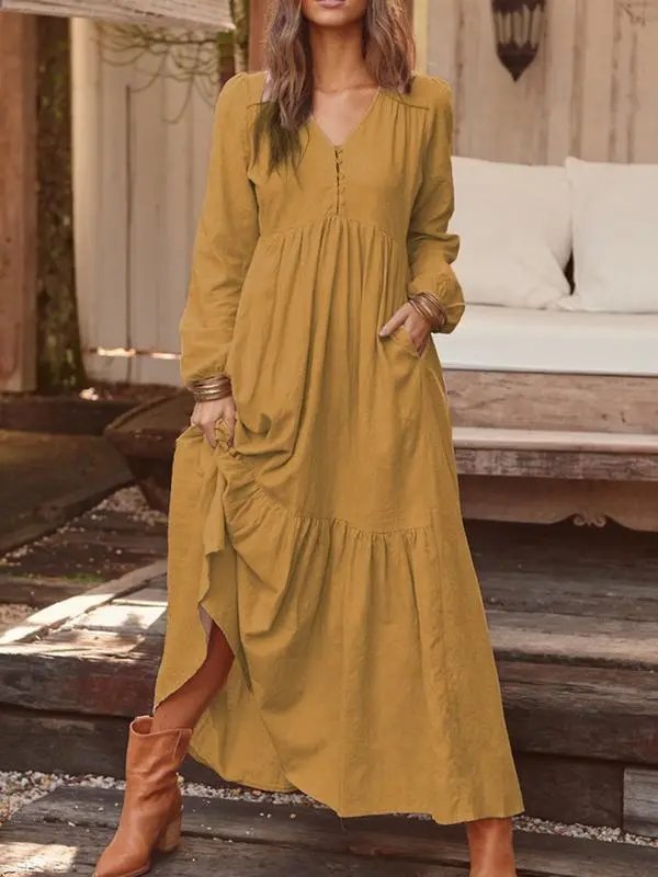 Design Long Sleeve V-Neck Tiered Maxi Dress Black - 4