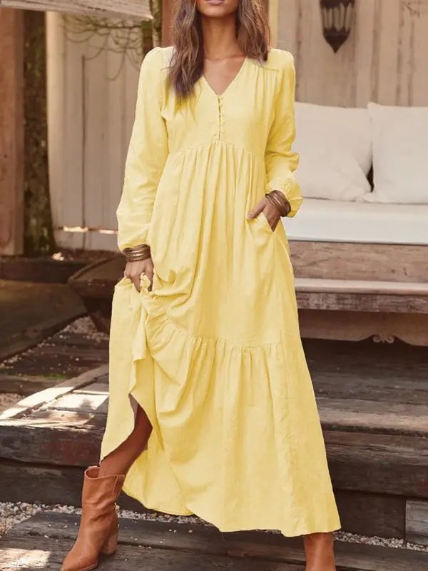 Design Long Sleeve V-Neck Tiered Maxi Dress Black - 5