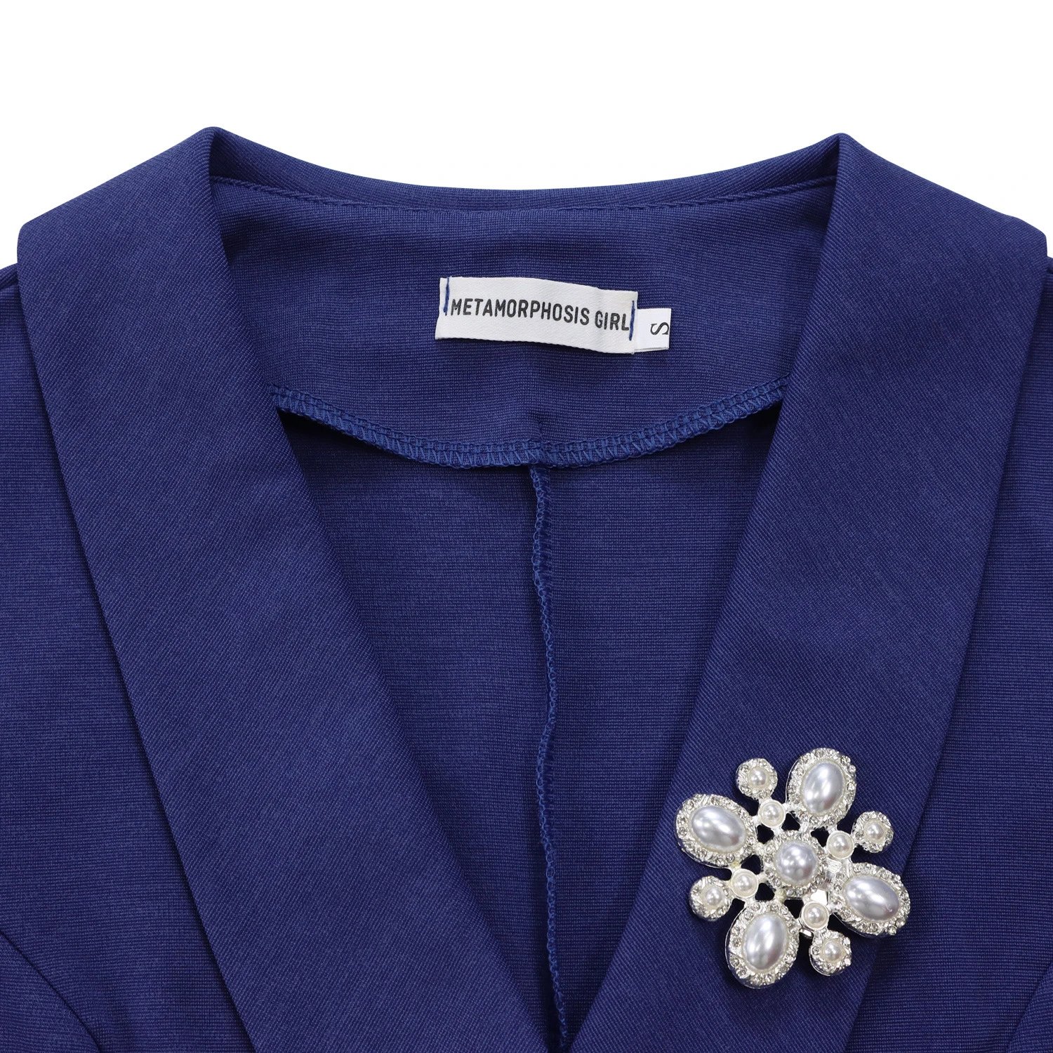 Design Wrap Front Midi Dress with Pearl Brooch in Navy - 45