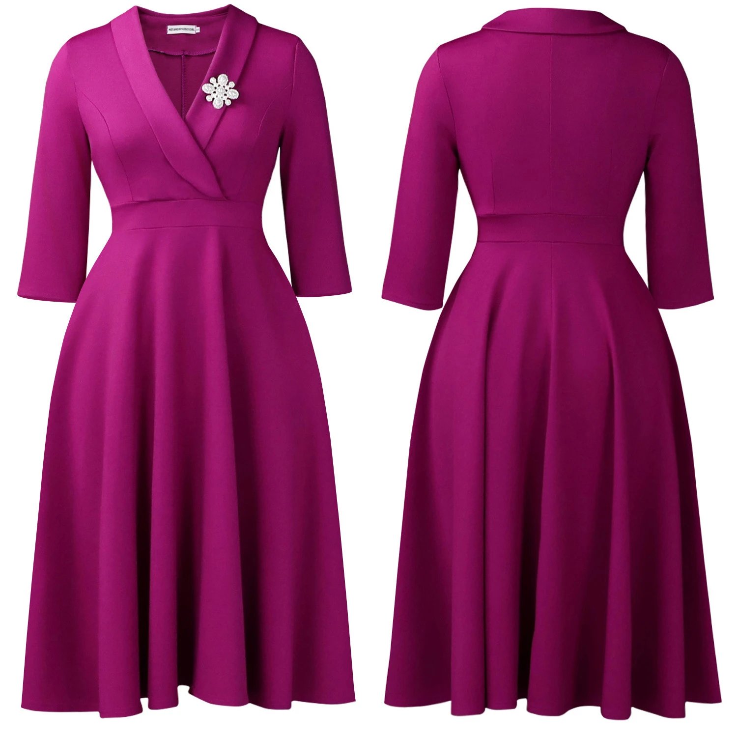 Design Wrap Front Midi Dress with Pearl Brooch in Navy - 51