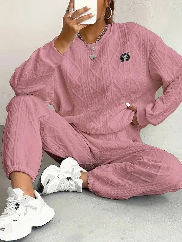 Design Cable Knit Sweater Set Beige Casual Set - 15