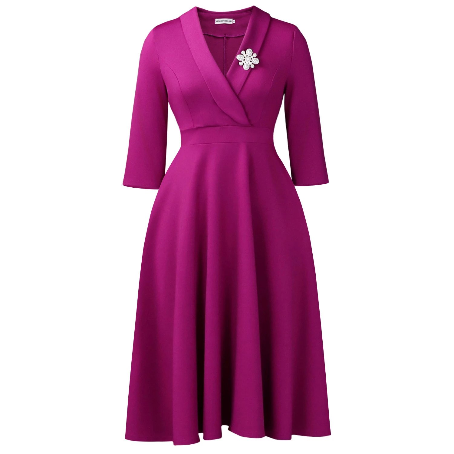 Design Wrap Front Midi Dress with Pearl Brooch in Navy - 52