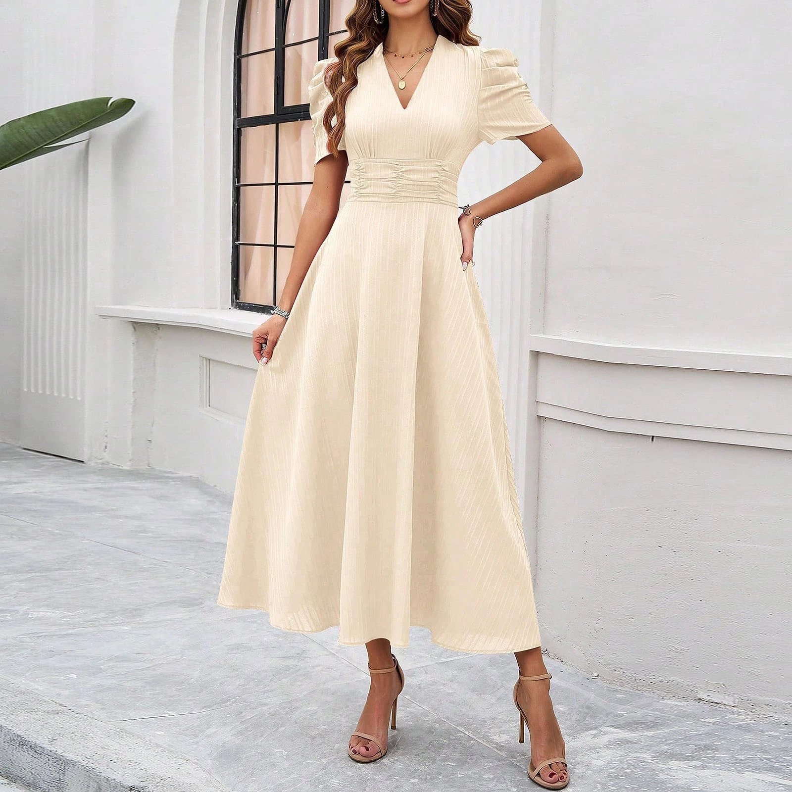 Design A-Line V-Neck Puff Sleeve Midi Dress in Light Blue - 36