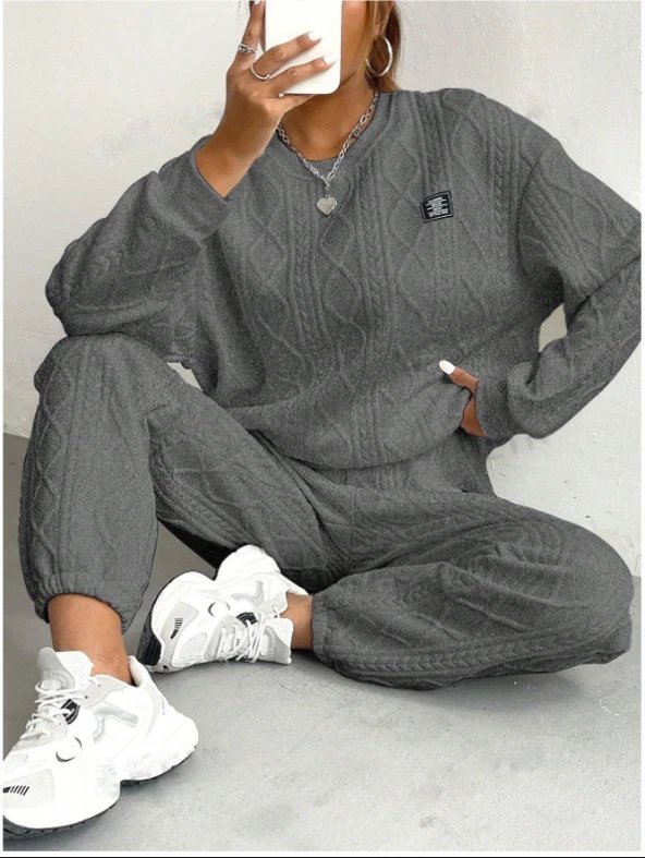 Design Cable Knit Sweater Set Beige Casual Set - 20
