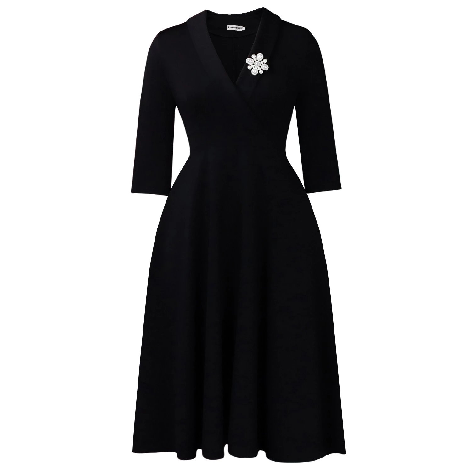 Design Wrap Front Midi Dress with Pearl Brooch in Navy - 61