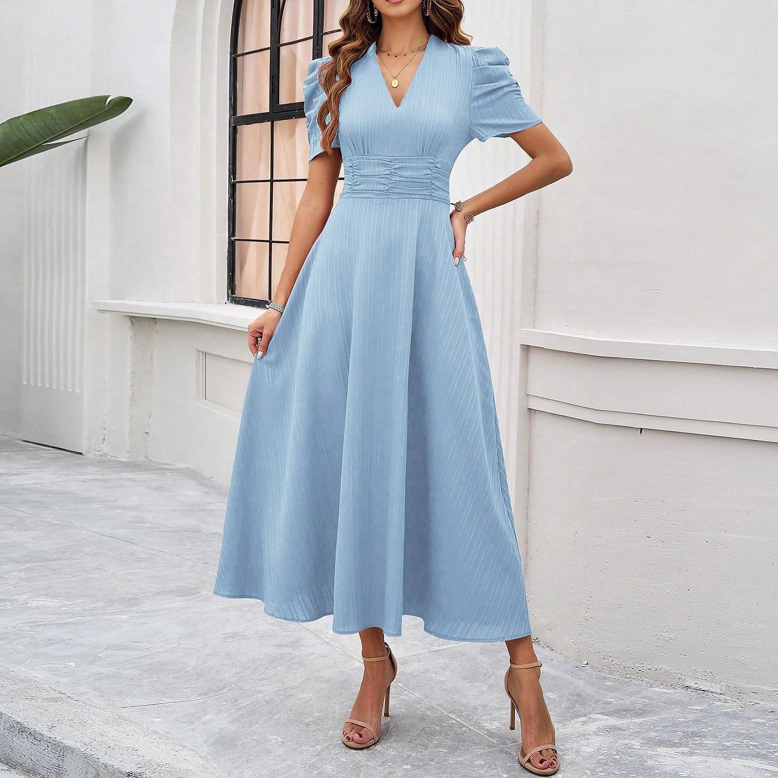 Design A-Line V-Neck Puff Sleeve Midi Dress in Light Blue - 41