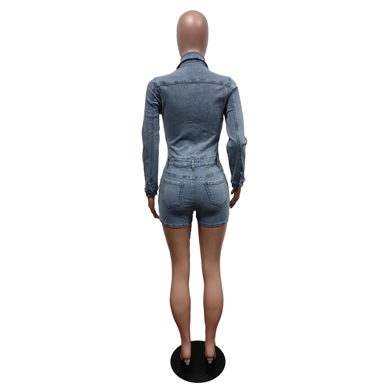 Design Denim Romper with Deep V-Neck and Belted Waist in Light Wash Blue Sets - 15