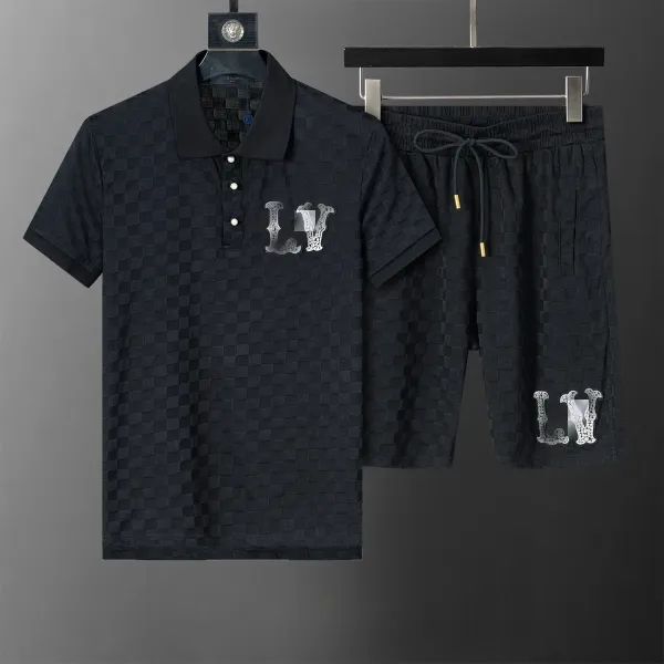 Design LV-Style Checkered Polo and Shorts Set Black - 1