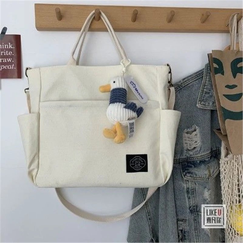 Design Canvas Tote Bag with Duck Charm Beige Handbag