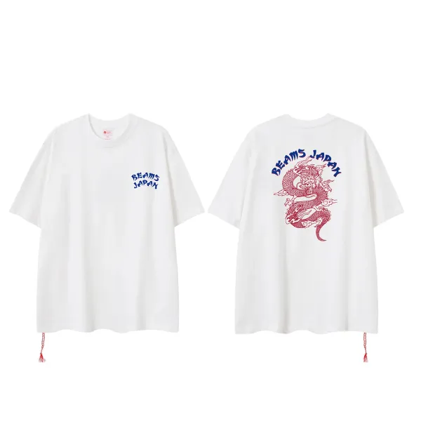 Design BEAMS JAPAN Dragon Print Oversized T-Shirt White T-Shirts - 1