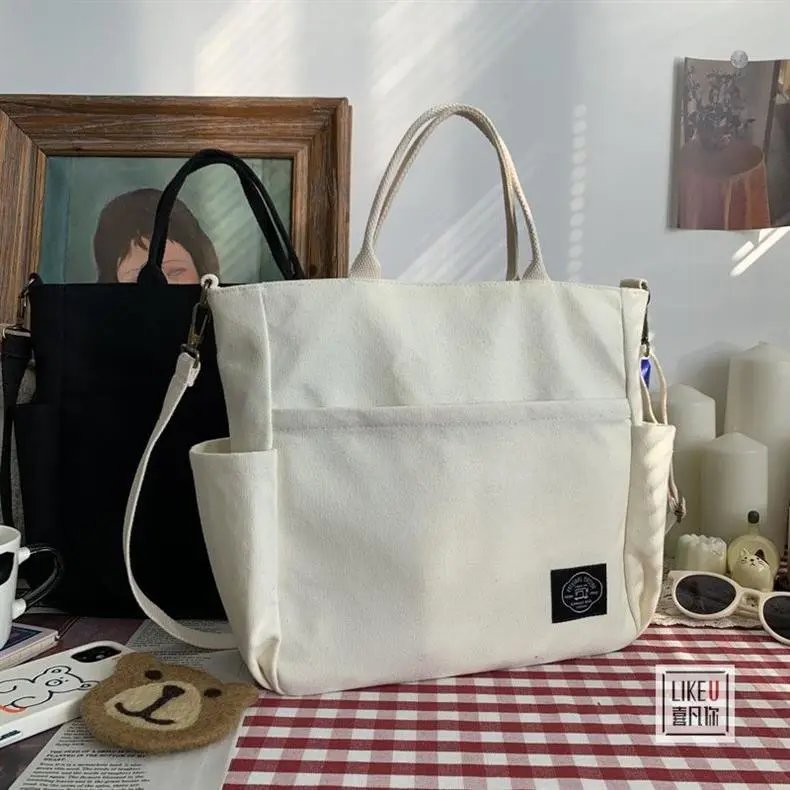 Design Canvas Tote Bag Beige with Duck Charm Handbag - 8