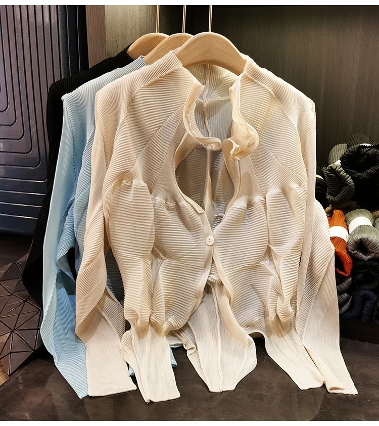 Issey Miyake Pleated Blouse Beige Shirt - 5