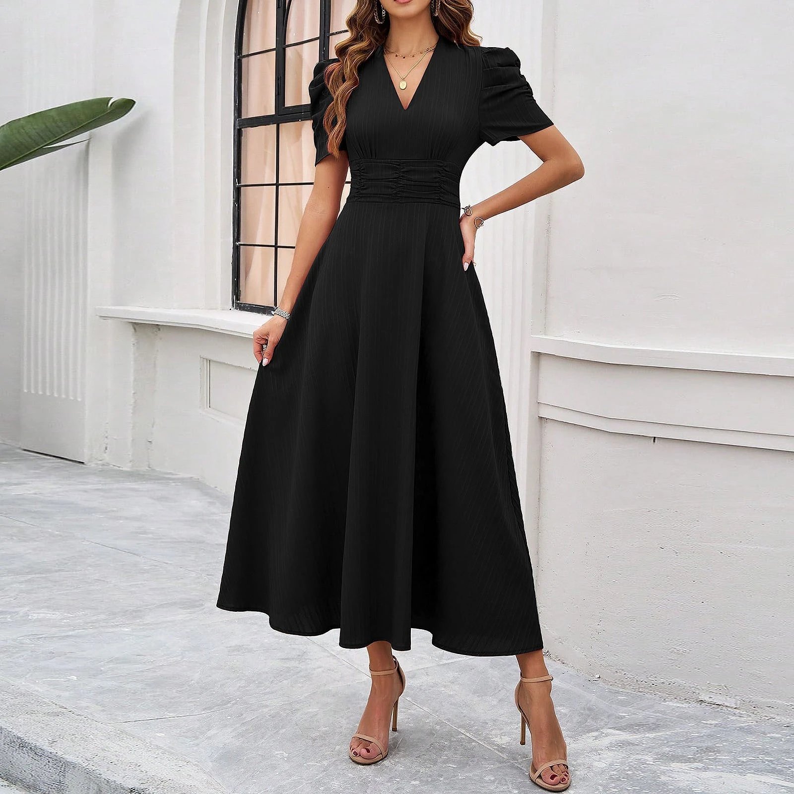 Design A-Line V-Neck Puff Sleeve Midi Dress in Light Blue - 39