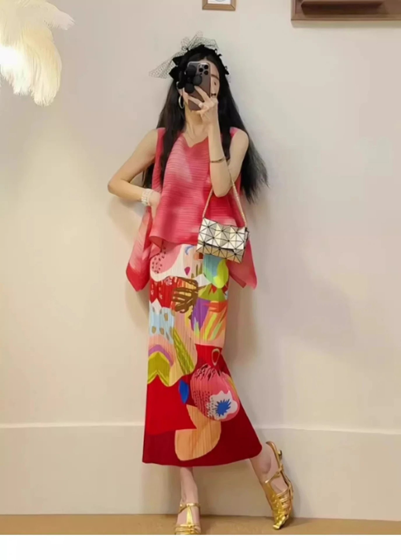 Issey Miyake Pleated Colorful Abstract Print Skirt Set Orange Multicolor Dress - 5