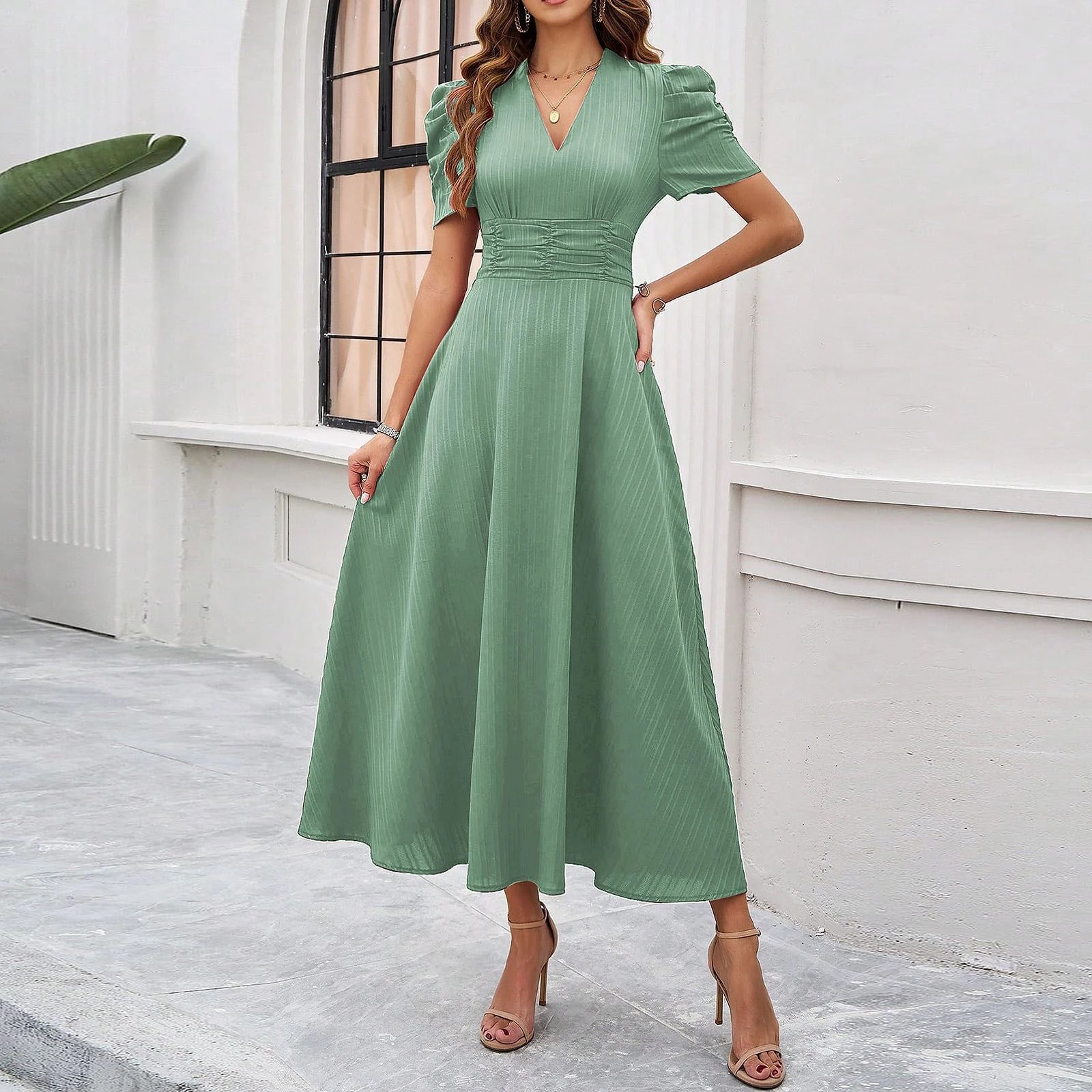 Design A-Line V-Neck Puff Sleeve Midi Dress in Light Blue - 45
