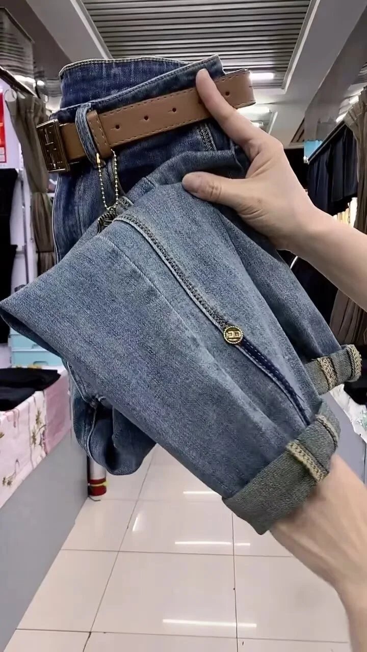 Design Wide-Leg Cuffed Jeans with Side Zippers Blue Jeans - 9