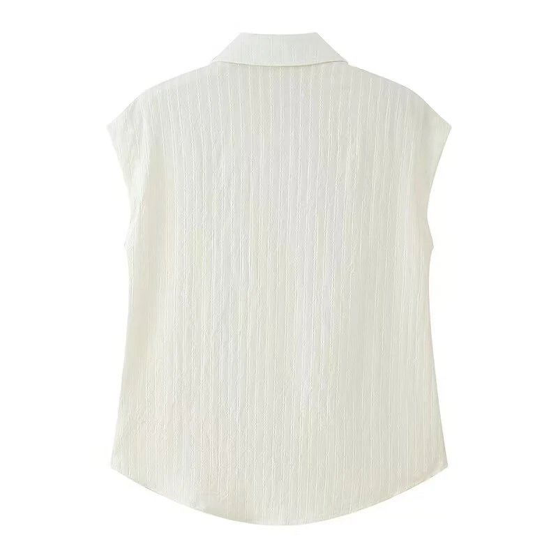 Design Sleeveless Collared Shirt in Cream with Rabbit Embroidery Tops Shirt - 3