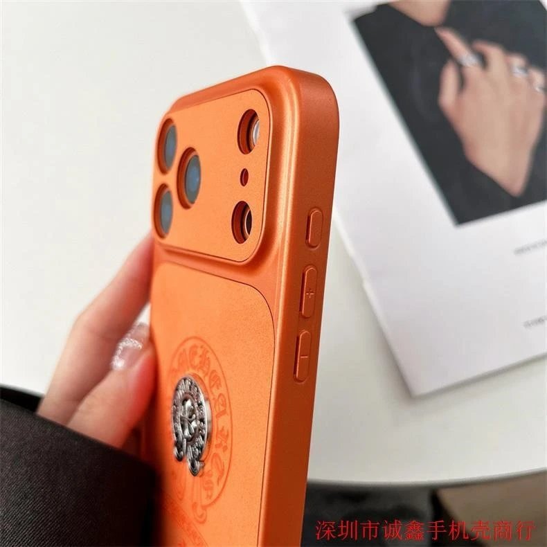 Chrome Hearts Orange Leather Phone Case with Cross Motif - 8