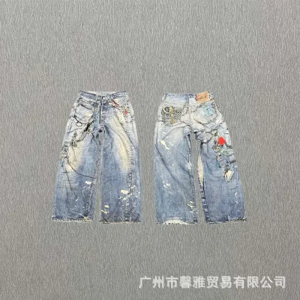 Design Distressed Patchwork Wide-Leg Jeans Blue - 1