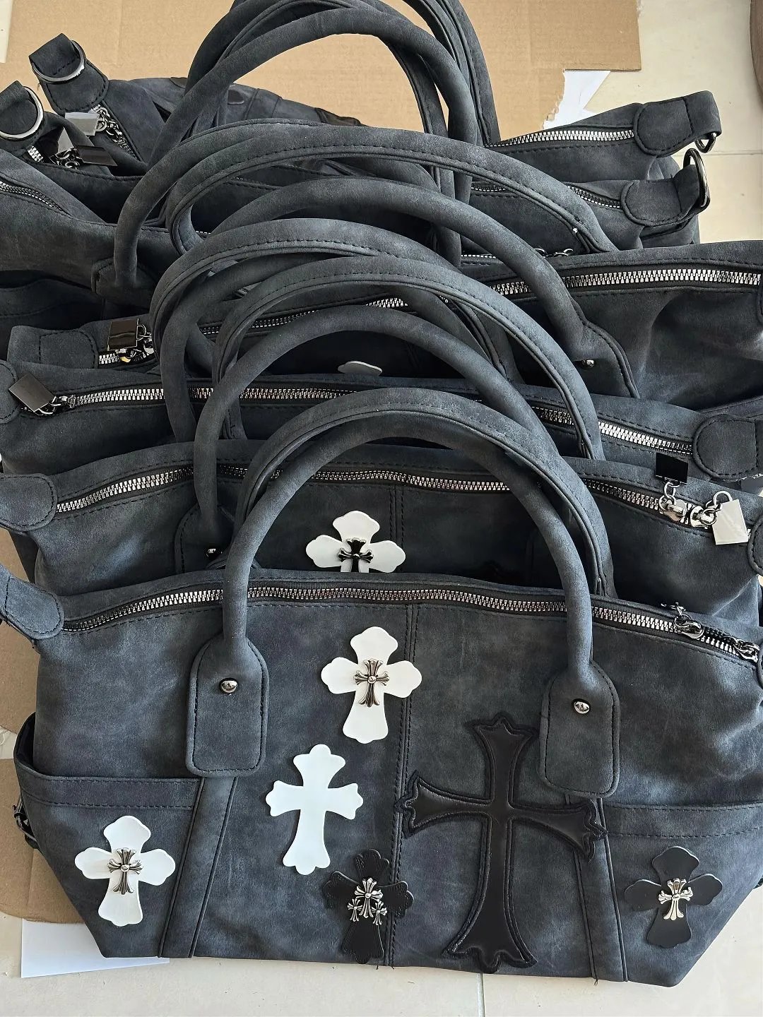 Chrome Hearts Cross-Embellished Suede Handbag Gray