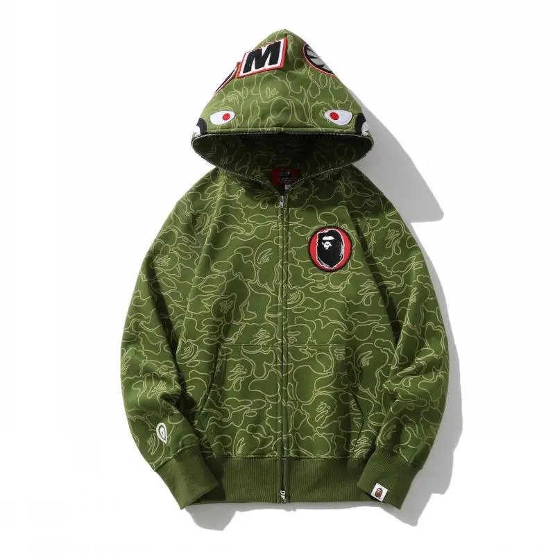 A Bathing Ape Shark Hoodie Army Green Camo Zip-Up Hoodie - 10