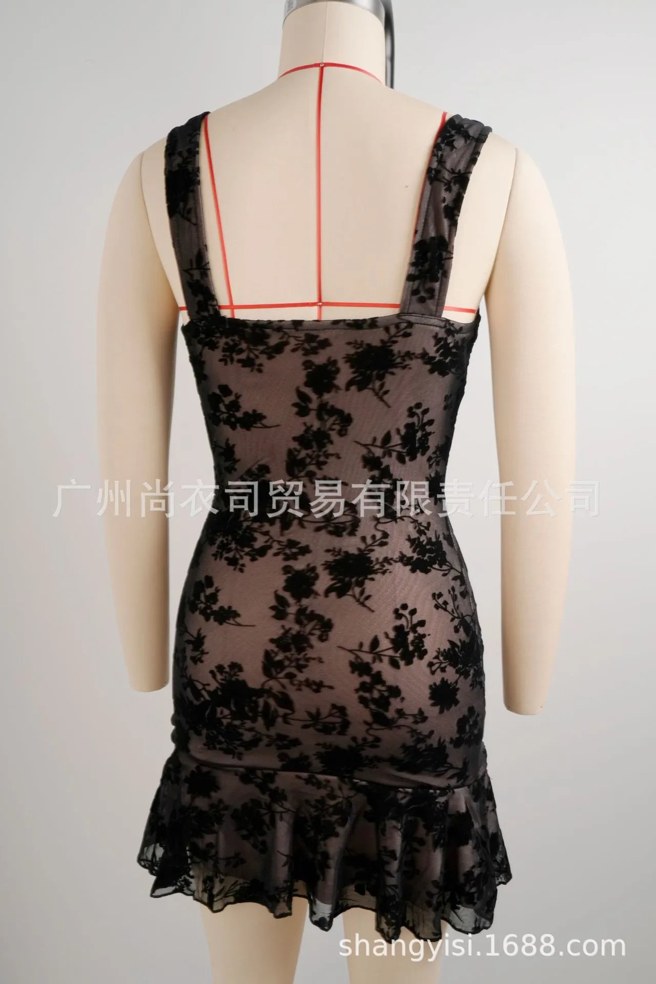 Design Floral Sheer Velvet Mini Dress Black - 8