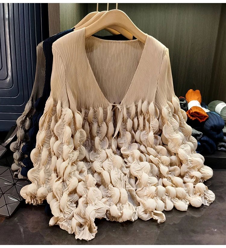 Design Pleated Ruched V-Neck Top Beige - 6