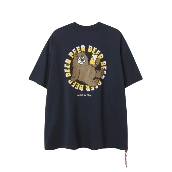 Design Bear Beer Graphic Oversized T-Shirt Navy - 1