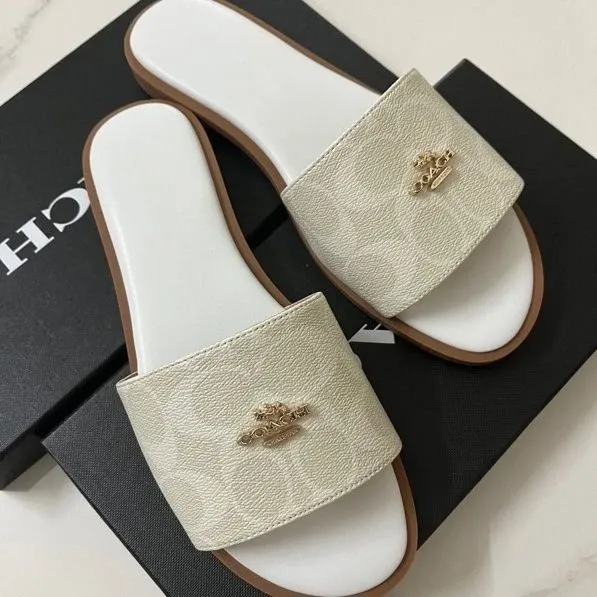 Coach Signature Slide Sandals Black with Gold Logo Slippers - 9