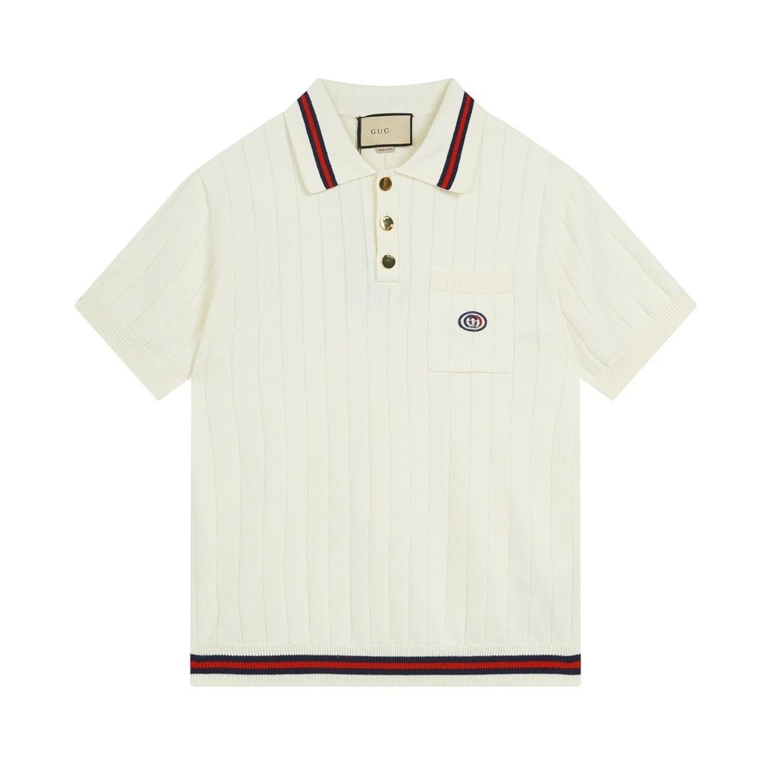 Gucci GUC Striped Knit Polo Navy and White Polo Shirt - 25