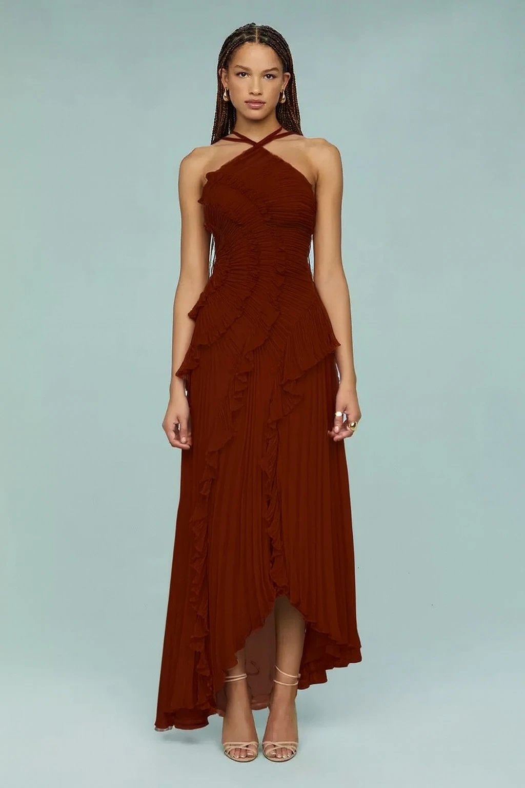 Design Pleated Asymmetrical Halter Dress Pink - 32