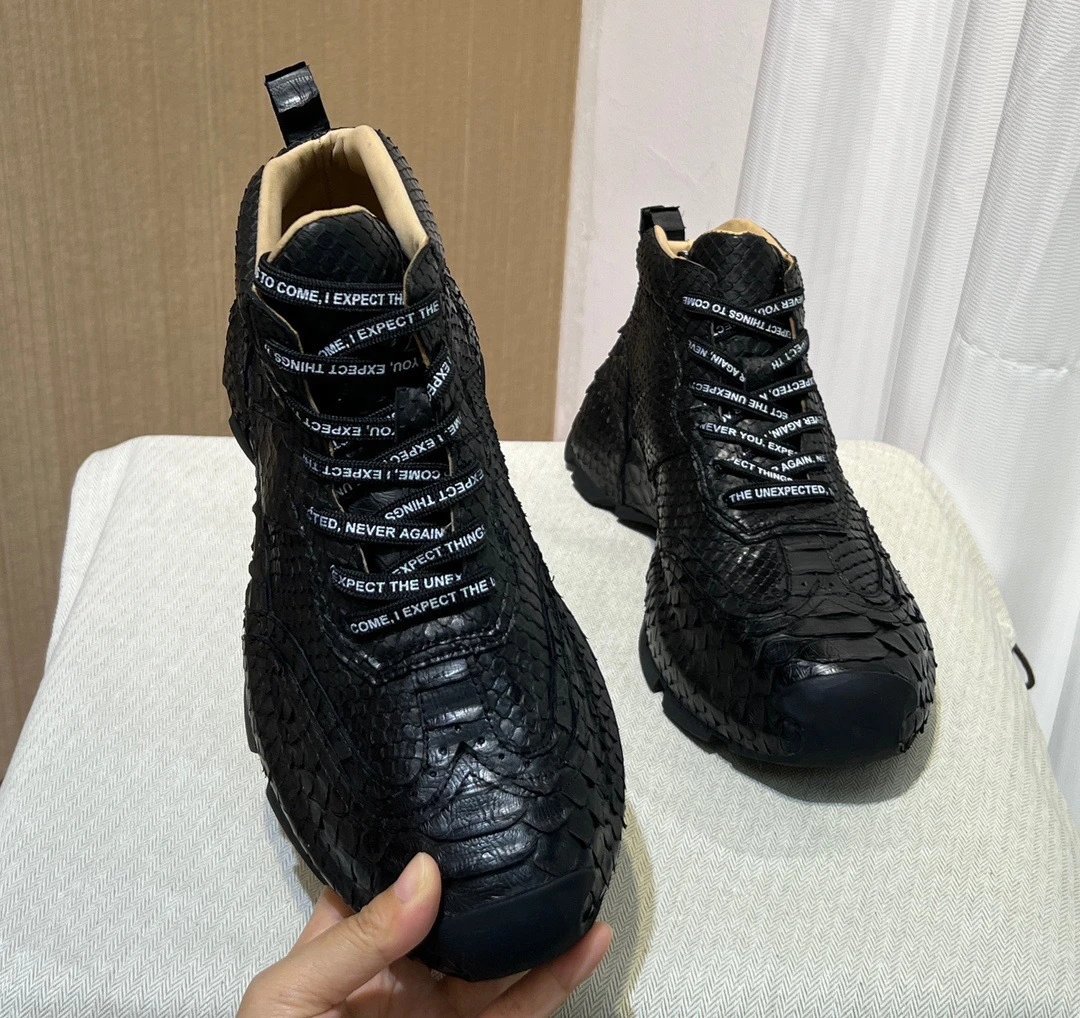 Design Python Skin High-Top Sneakers with Quoted Lace Detail Black - 8