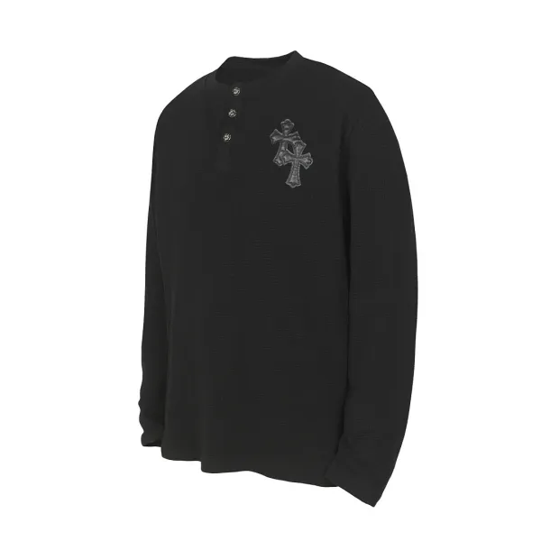 Chrome Hearts Cross Embroidered Black Waffle Knit Henley Long Sleeve Top - 1
