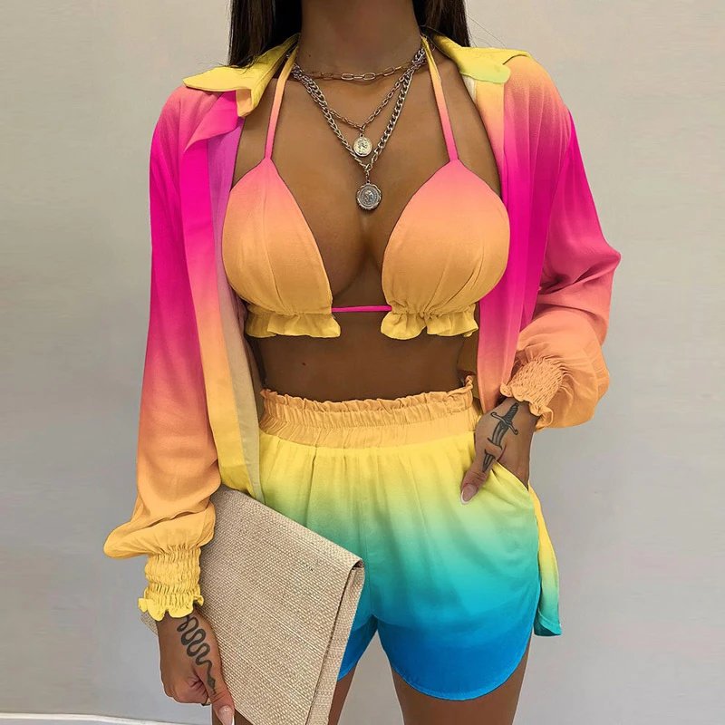 Design Gradient Ombre Tie-Dye Two-Piece Set with Ruffled Crop Top and Shorts - 15