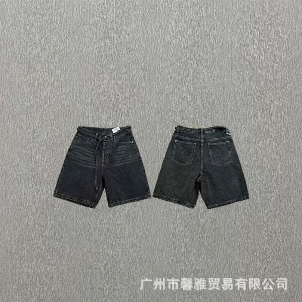 Design Black Washed Denim Shorts with Drawstring Waist - 1