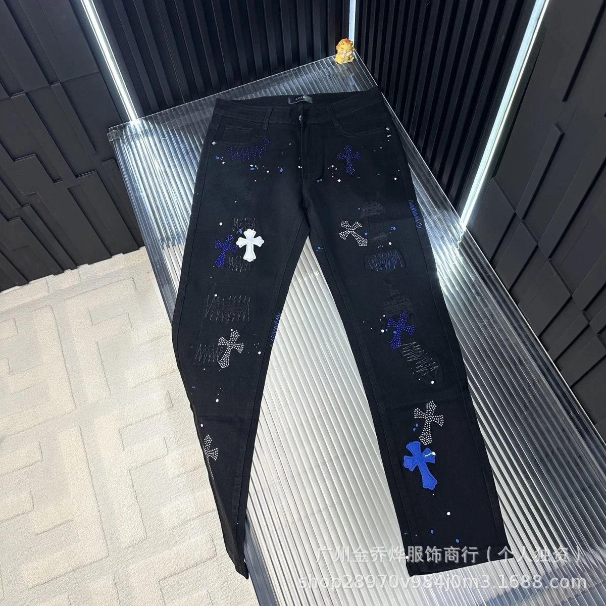 Amiri Cross Embroidered Distressed Black Jeans - 1