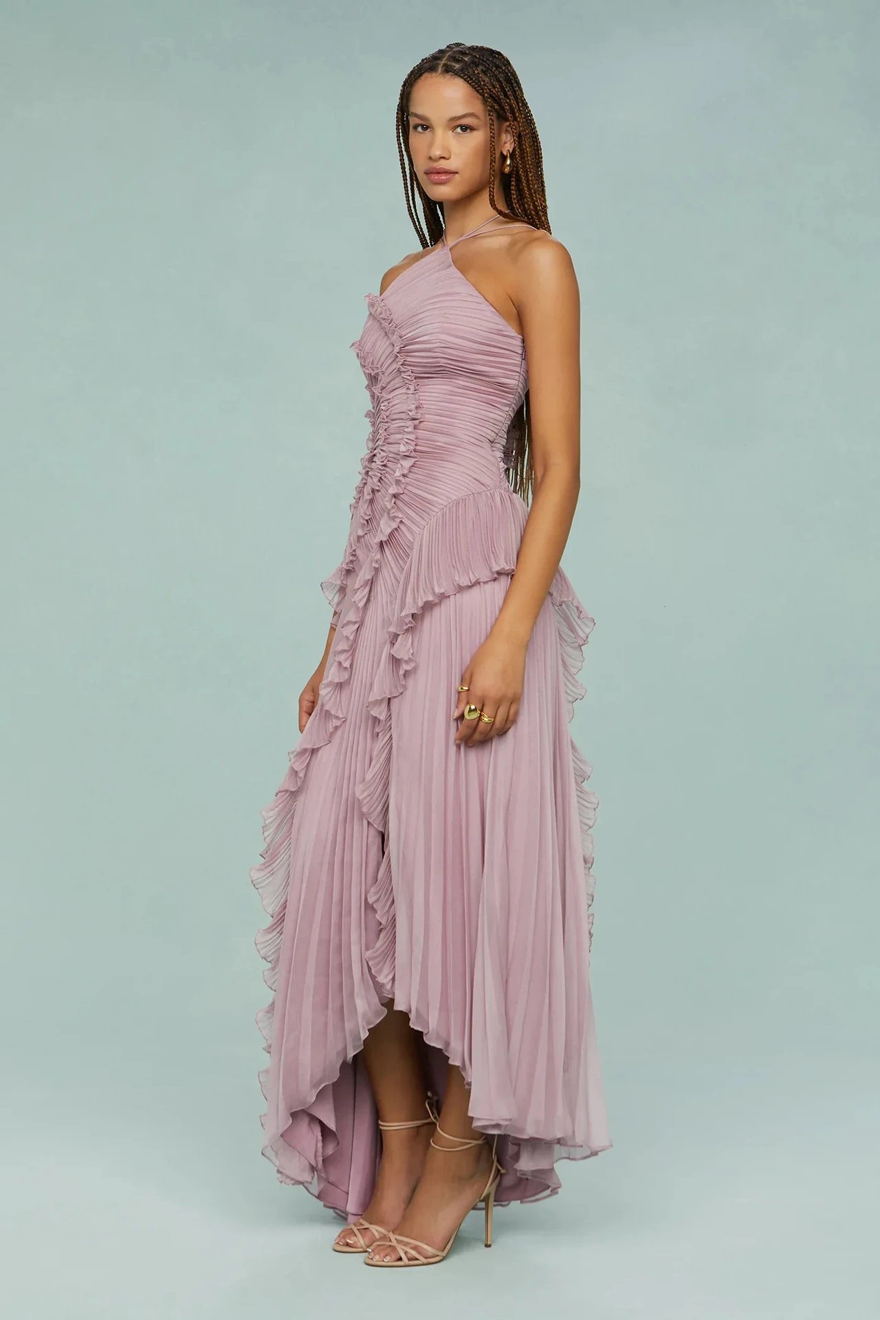 Design Pleated Asymmetrical Halter Dress Pink - 44