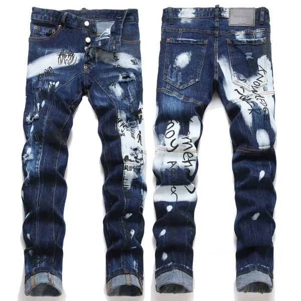 Design Distressed Graffiti Print Denim Jeans - 4