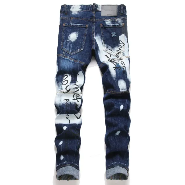 Design Distressed Graffiti Print Denim Jeans - 6